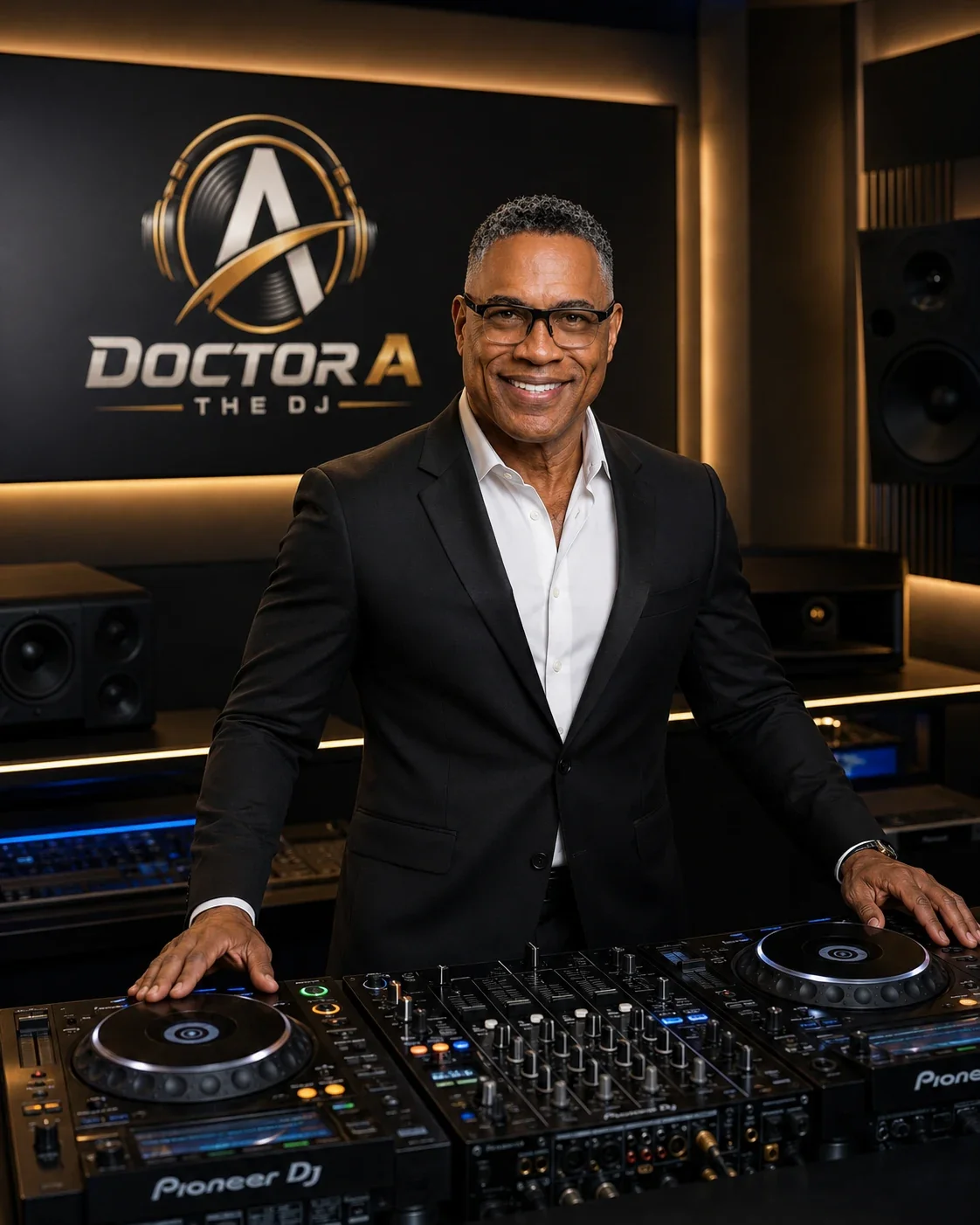 Dr. Adams at the keyboard and DJ booth