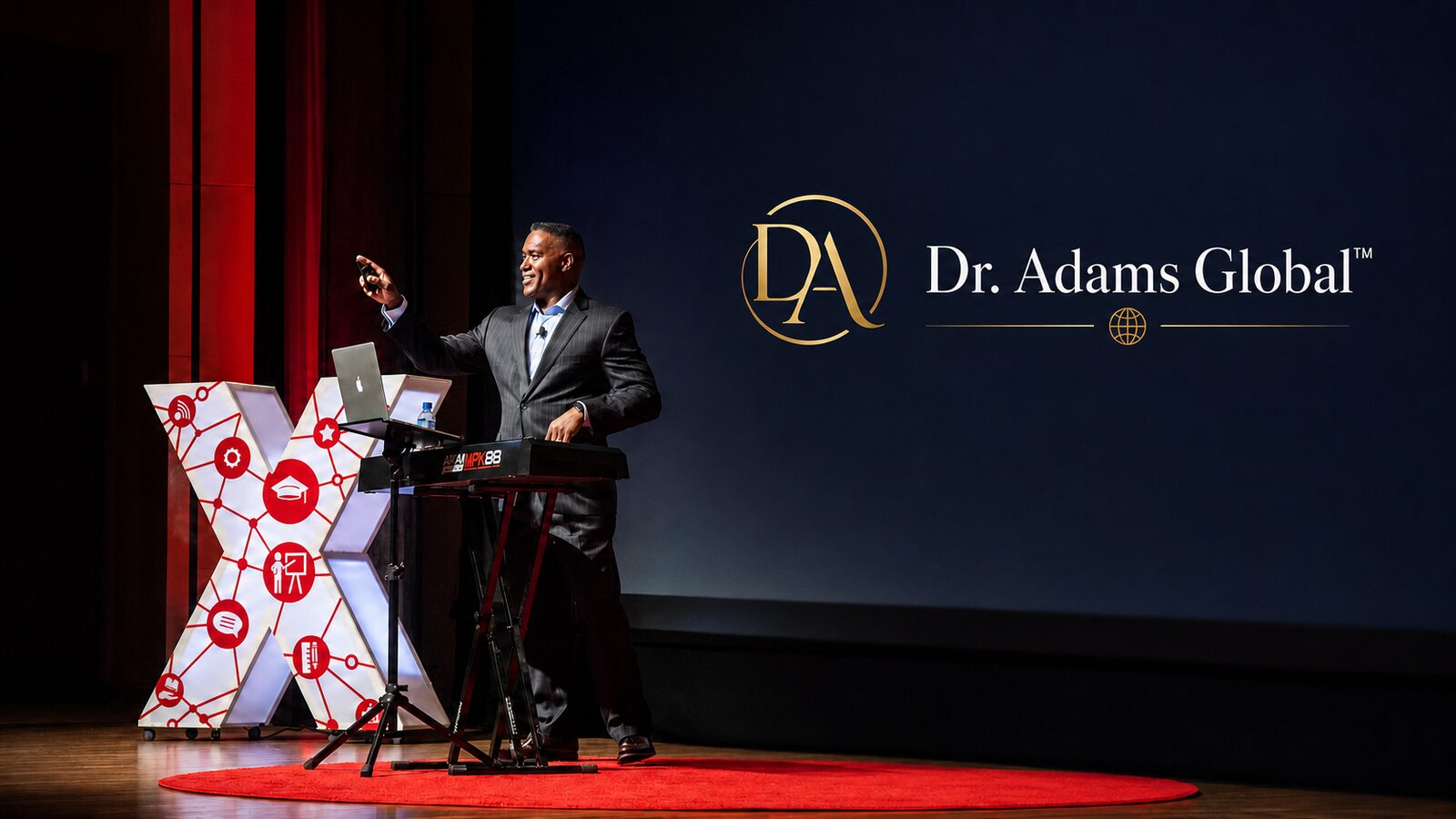 Dr. Darryl S. Adams pointing toward the audience from behind his keyboard on the TEDx stage, with the Dr. Adams Global logo on the screen behind him
